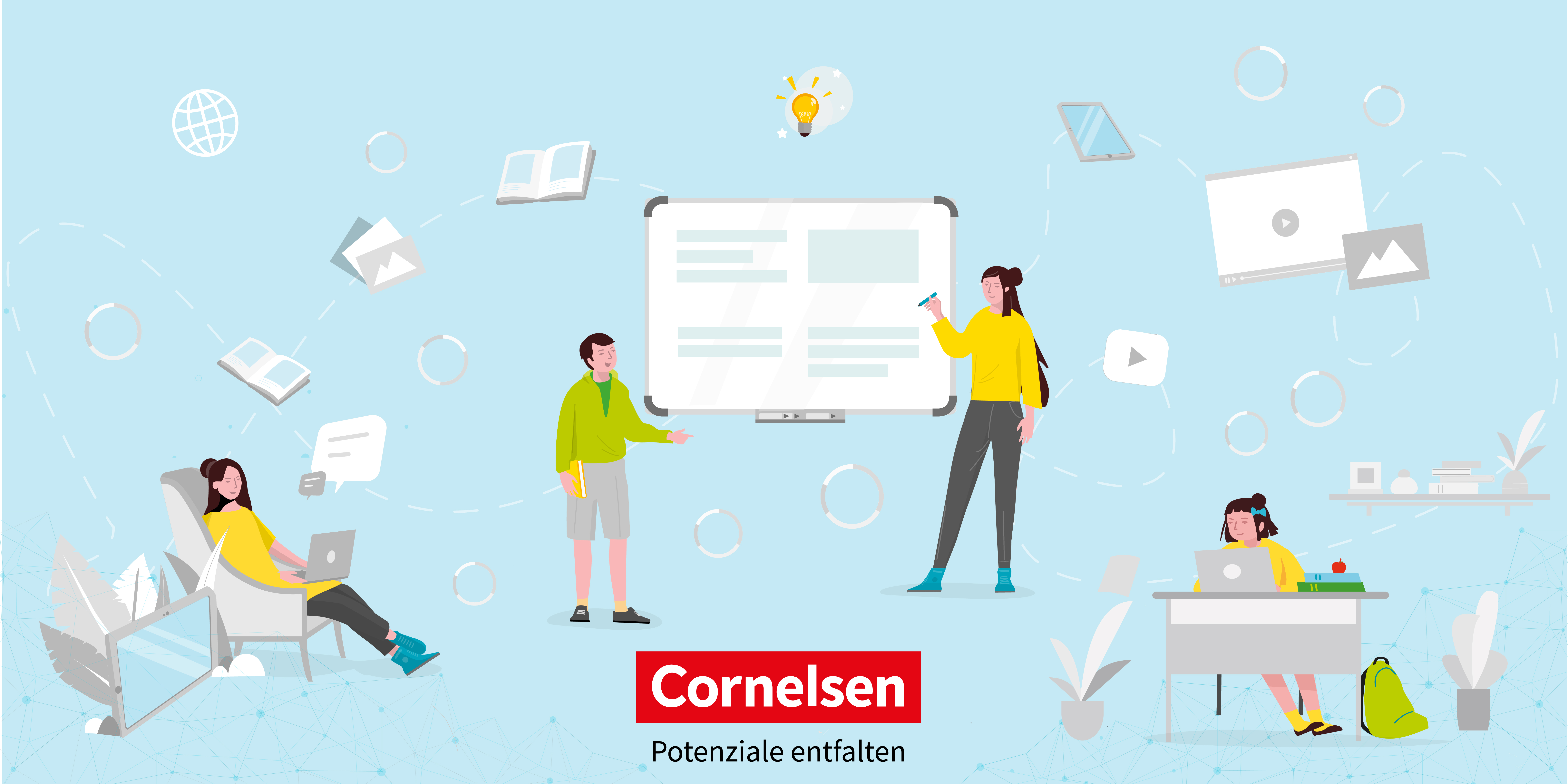 Logo von Cornelsen: Verschiedene Personen beim Arbeiten am Laptop, an einem Whiteboard, an einem Schreibtisch